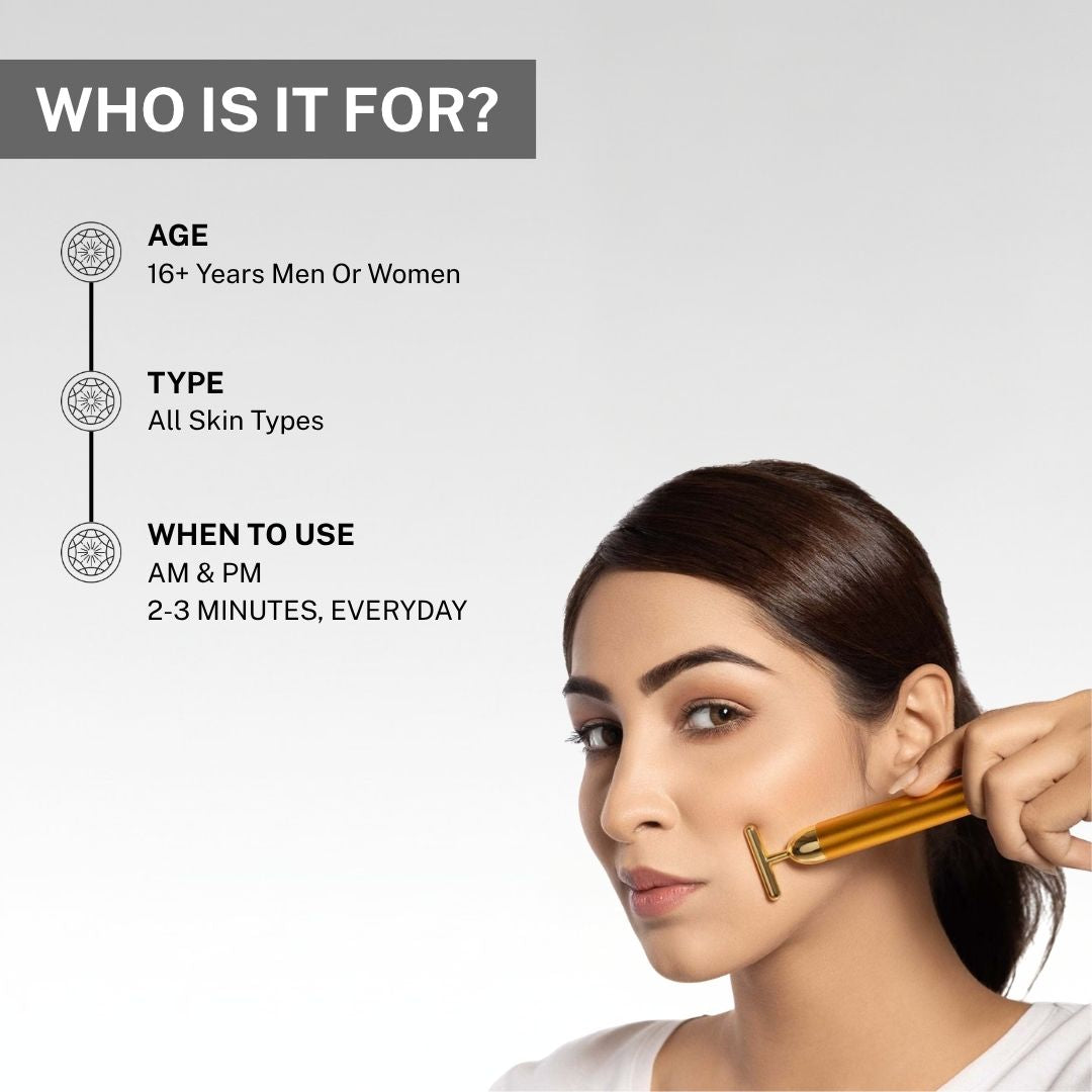 Woman using House of Beauty 24K Face Massager on jawline showing product is suitable for age 16+ men and women, all skin types, for AM and PM use 2-3 minutes everyday