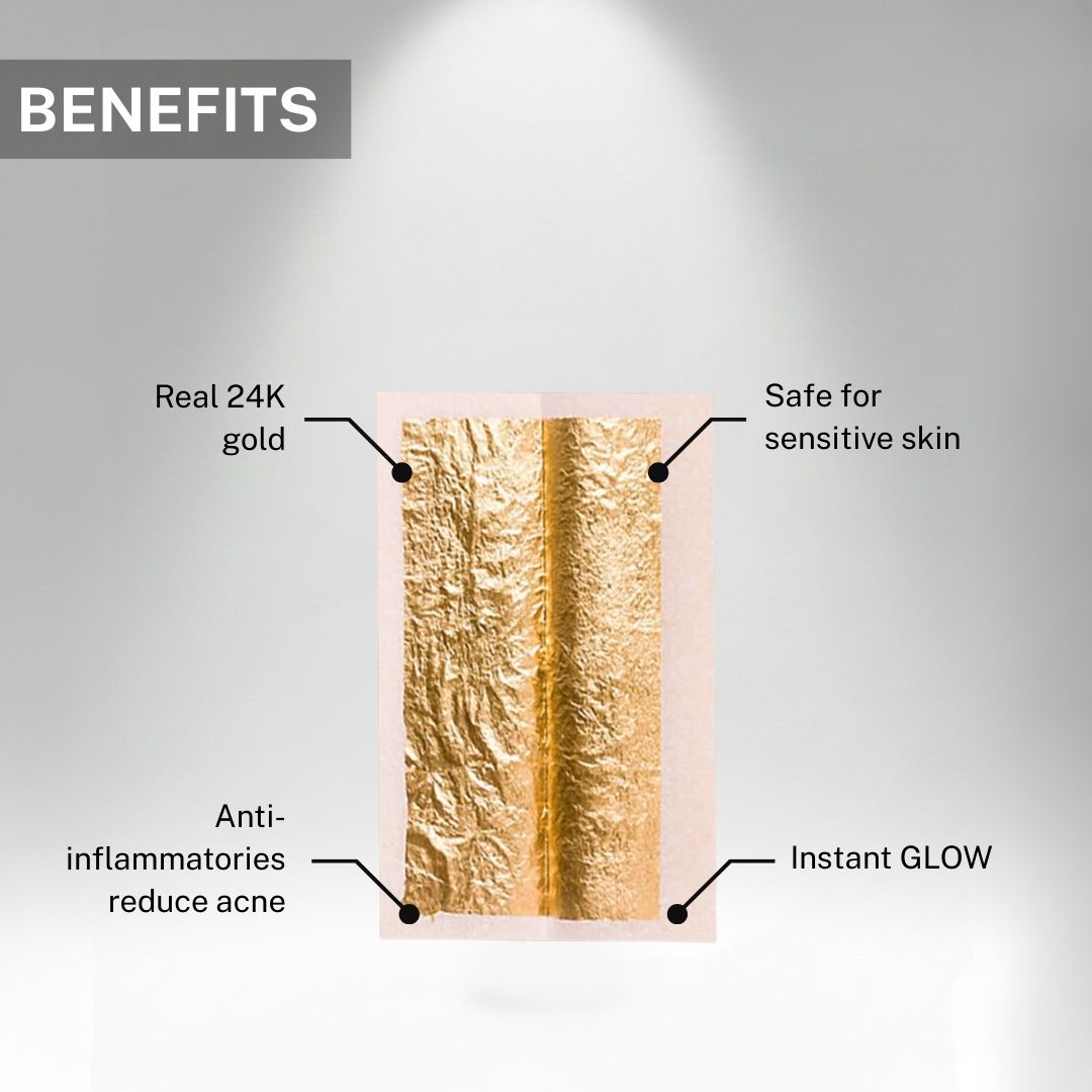 24K gold face mask sheet highlighting benefits including real gold, safe for sensitive skin, anti-inflammatory properties and instant glow.