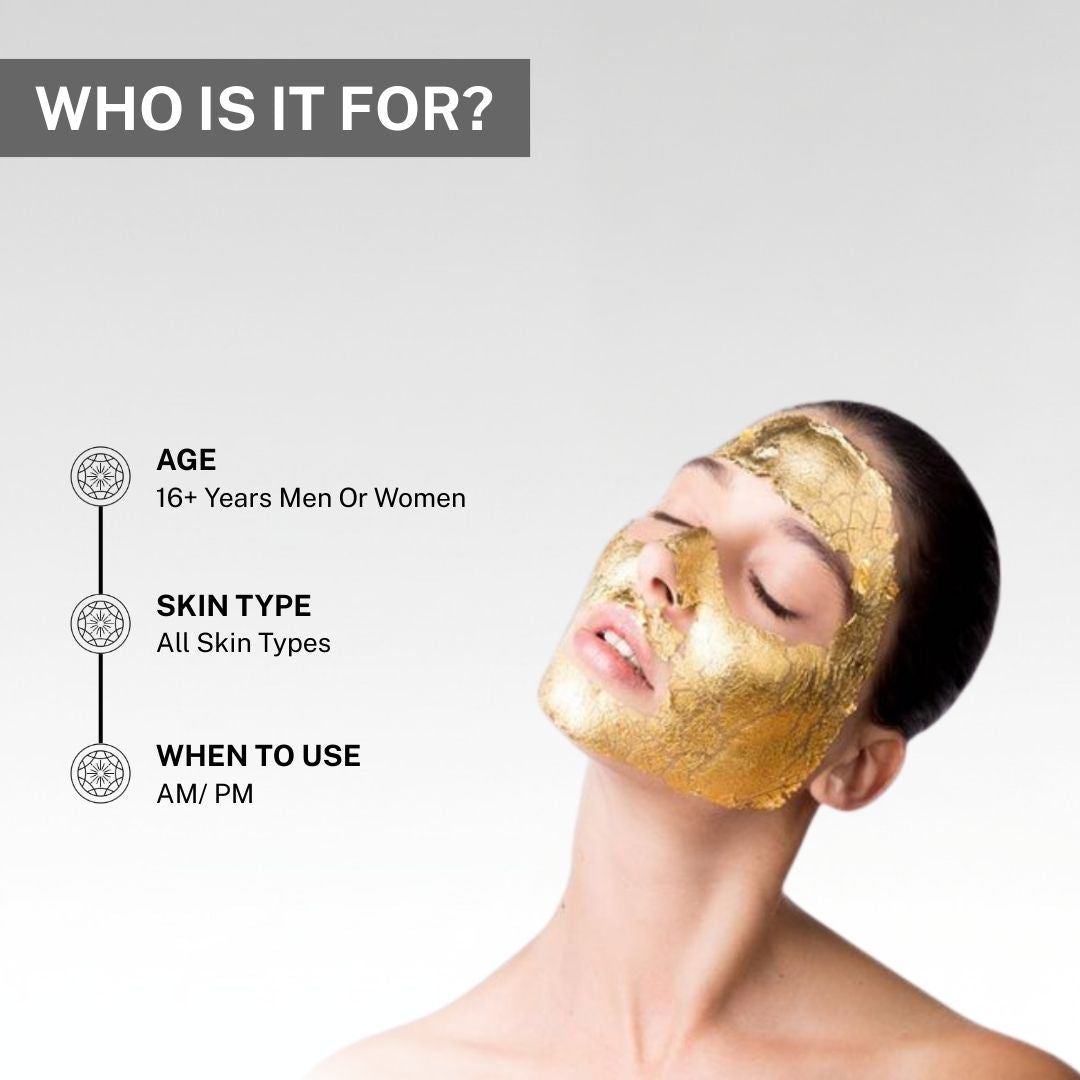 Woman wearing House of Beauty 24K gold face mask suitable for men and women aged 16 plus for all skin types.