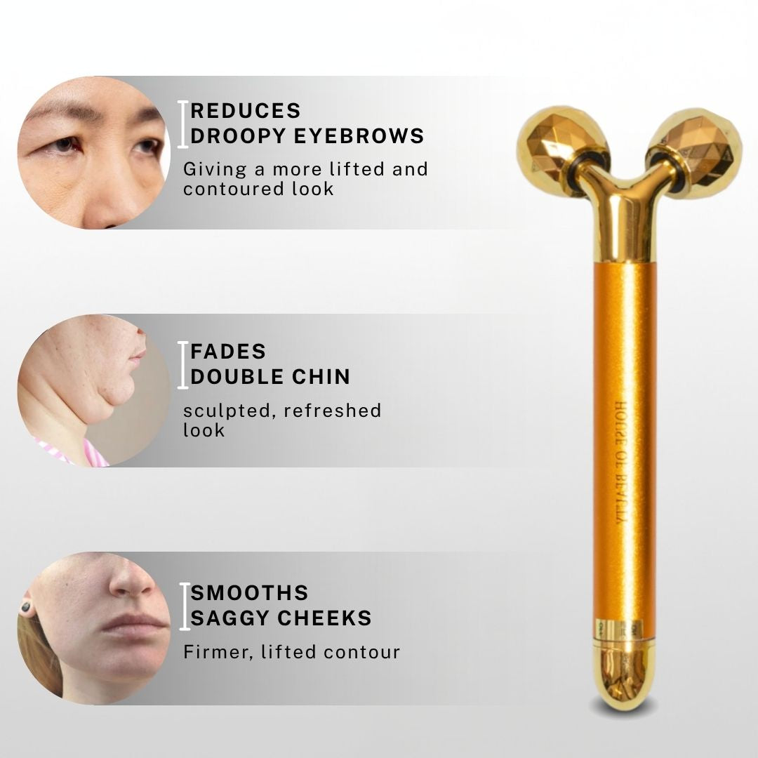 House of Beauty 3D Face Massager benefits showing reduction of droopy eyebrows, fading double chin and smoothing saggy cheeks for firmer lifted contour