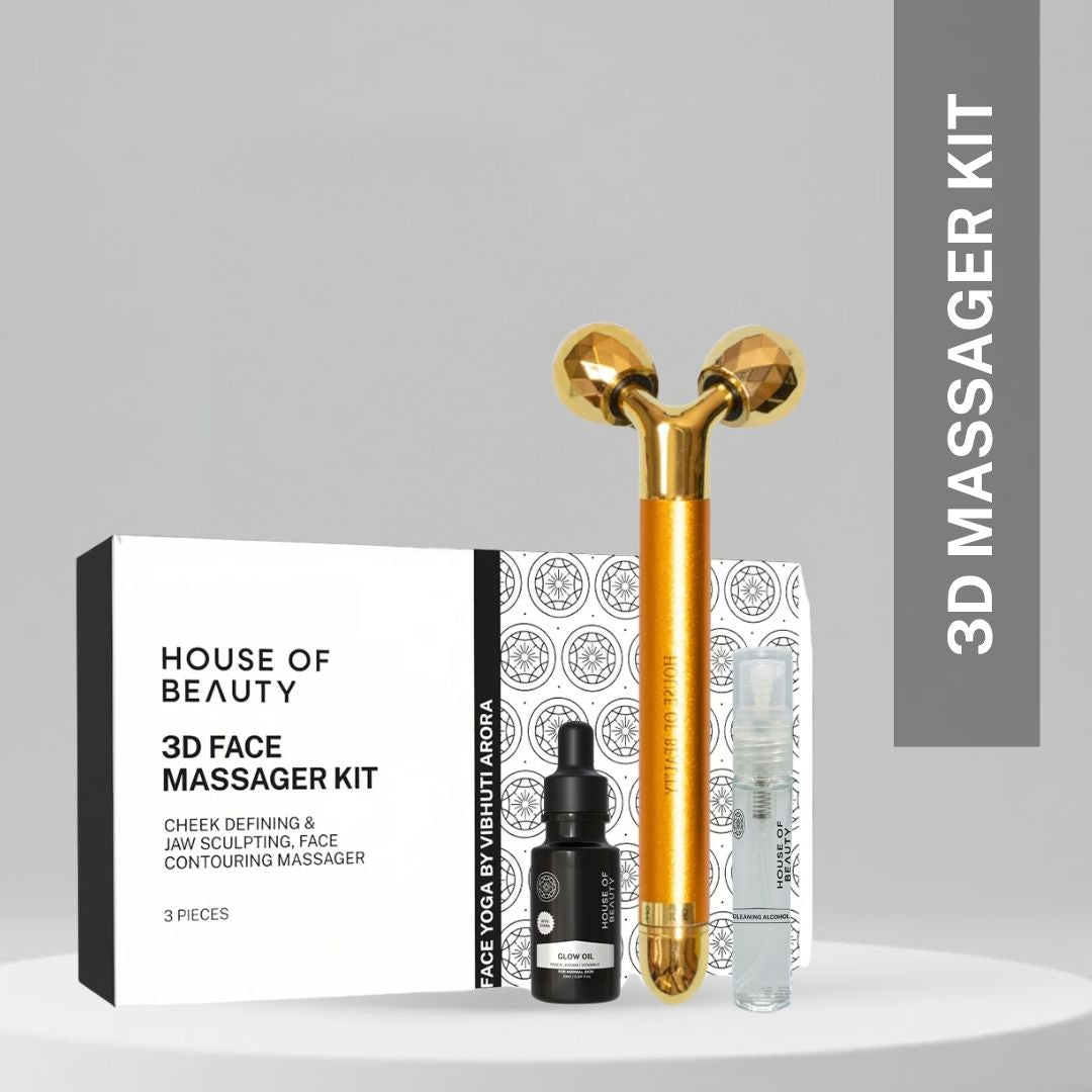 House of Beauty 3D Face Massager Kit 3 pieces with Glow Oil and Cleaning Alcohol for cheek defining jaw sculpting and face contouring