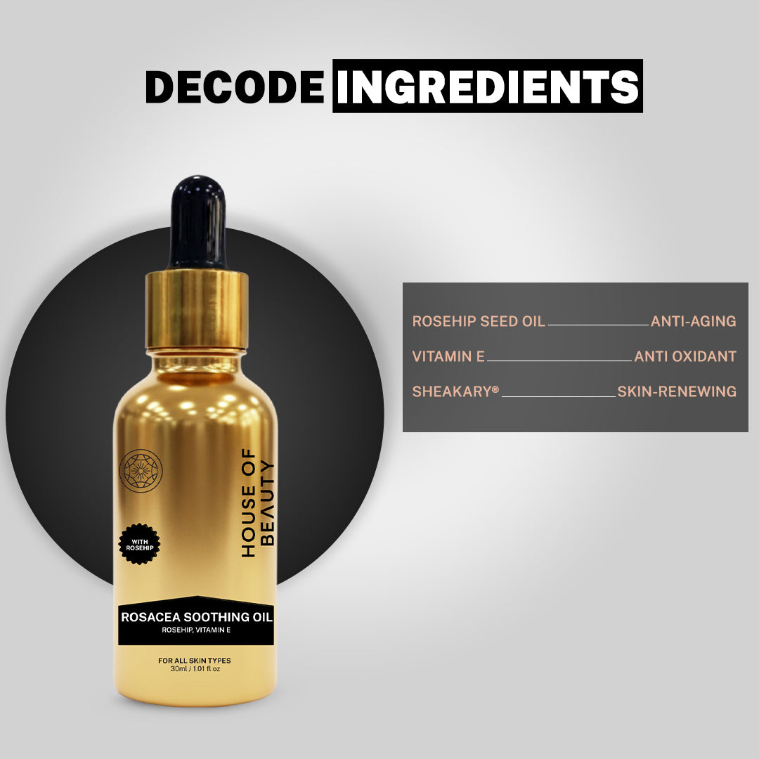 An infographic titled "DECODE INGREDIENTS" showcasing the gold bottle against a black circular backdrop. It lists three primary components:
