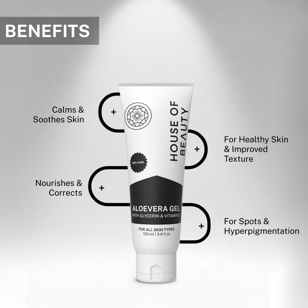 Aloe vera gel benefits showing calming skin, nourishing hydration, improved skin texture and support for spots and hyperpigmentation.