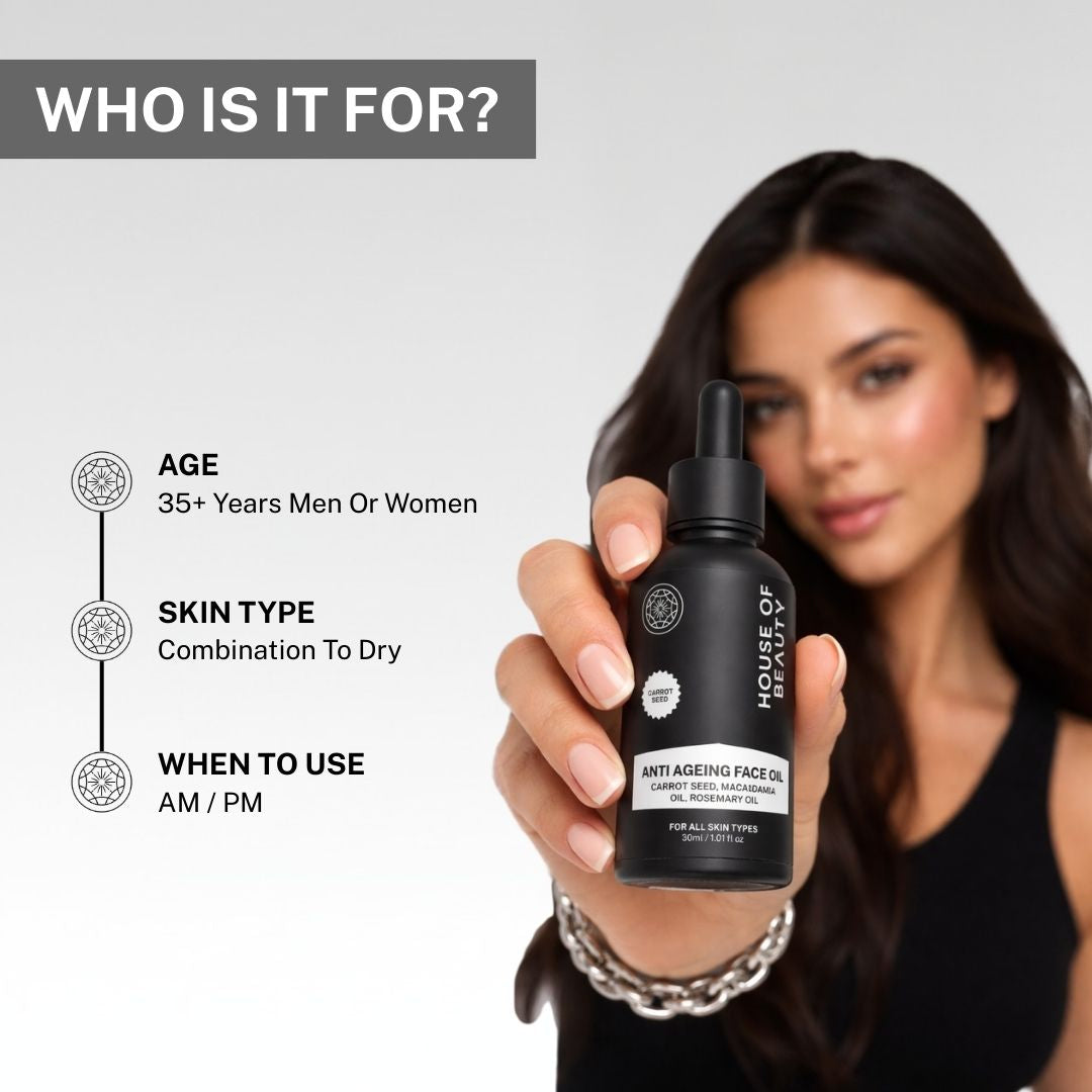 Woman holding House of Beauty Anti-Ageing Face Oil, suitable for men and women 35+, ideal for combination to dry skin, AM and PM use.