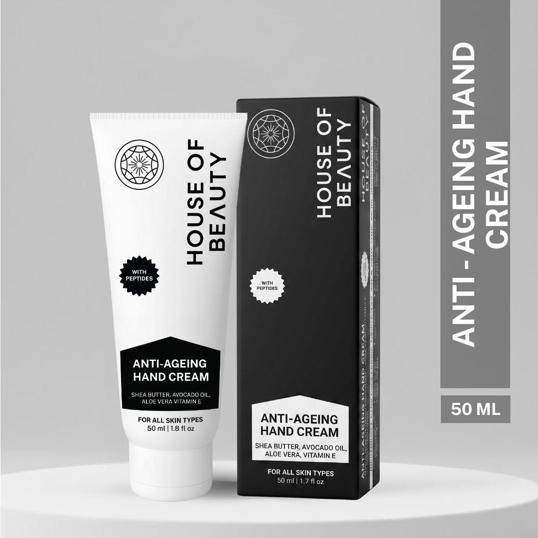 House of Beauty Anti-Ageing Hand Cream 50ml packaging display for moisturizing, nourishing, and repairing dry hands.