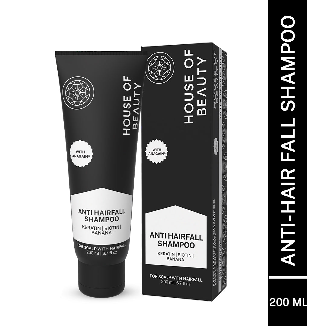 House of Beauty Anti-Hair Fall Shampoo 200ml tube and box. Contains Keratin, Biotin, Banana, and ANAGAINTM. For scalp with hair fall.