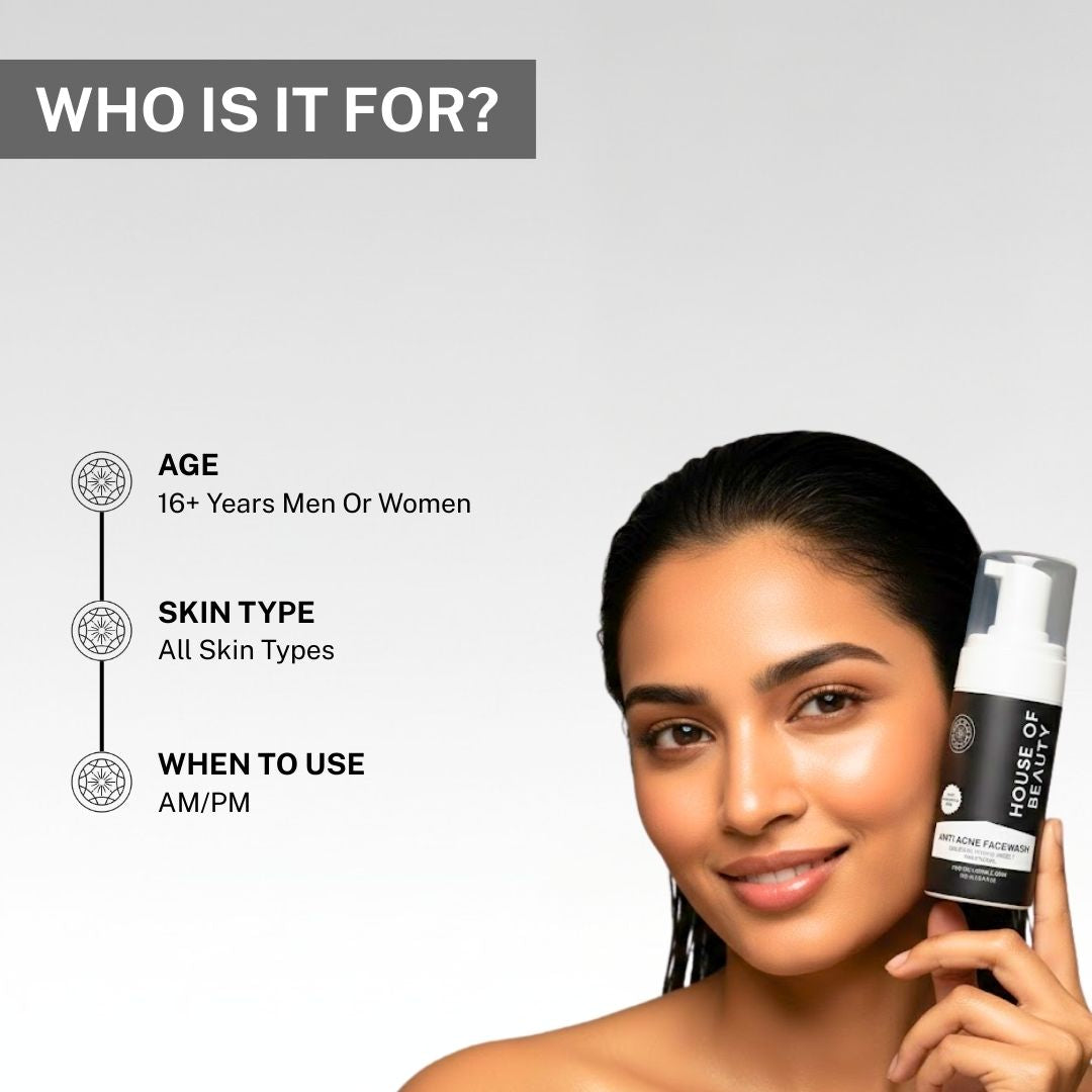 Woman holding House of Beauty Anti Acne Facewash with text indicating suitability for men and women aged 16+, for all skin types, suitable for morning and evening use.