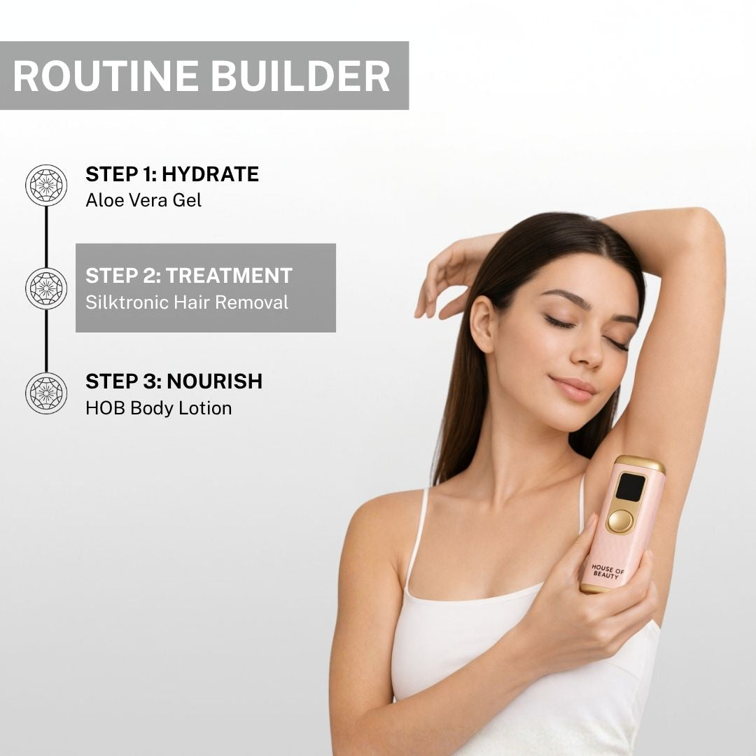 woman using ipl hair removal device on underarm with skincare routine steps for smooth hair free skin
