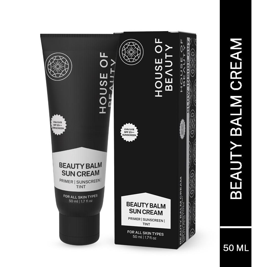 House of Beauty BB Cream with SPF — one-shade-fits-all tinted moisturizer with sun protection that evens skin tone, conceals blemishes, and gives a natural dewy glow for all Indian skin tones.