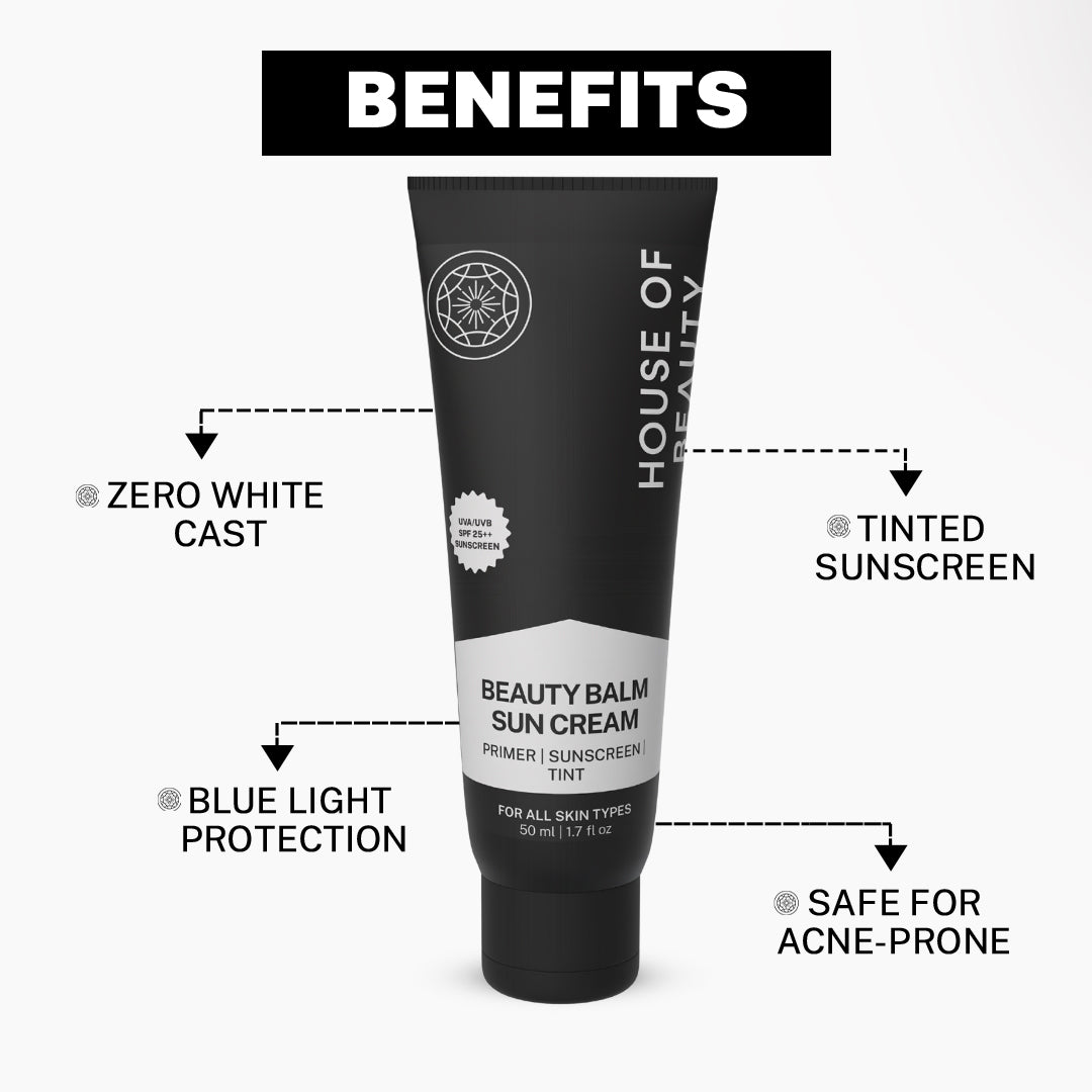 House of Beauty BB Cream with SPF — one-shade-fits-all tinted moisturizer with sun protection that evens skin tone, conceals blemishes, and gives a natural dewy glow for all Indian skin tones.