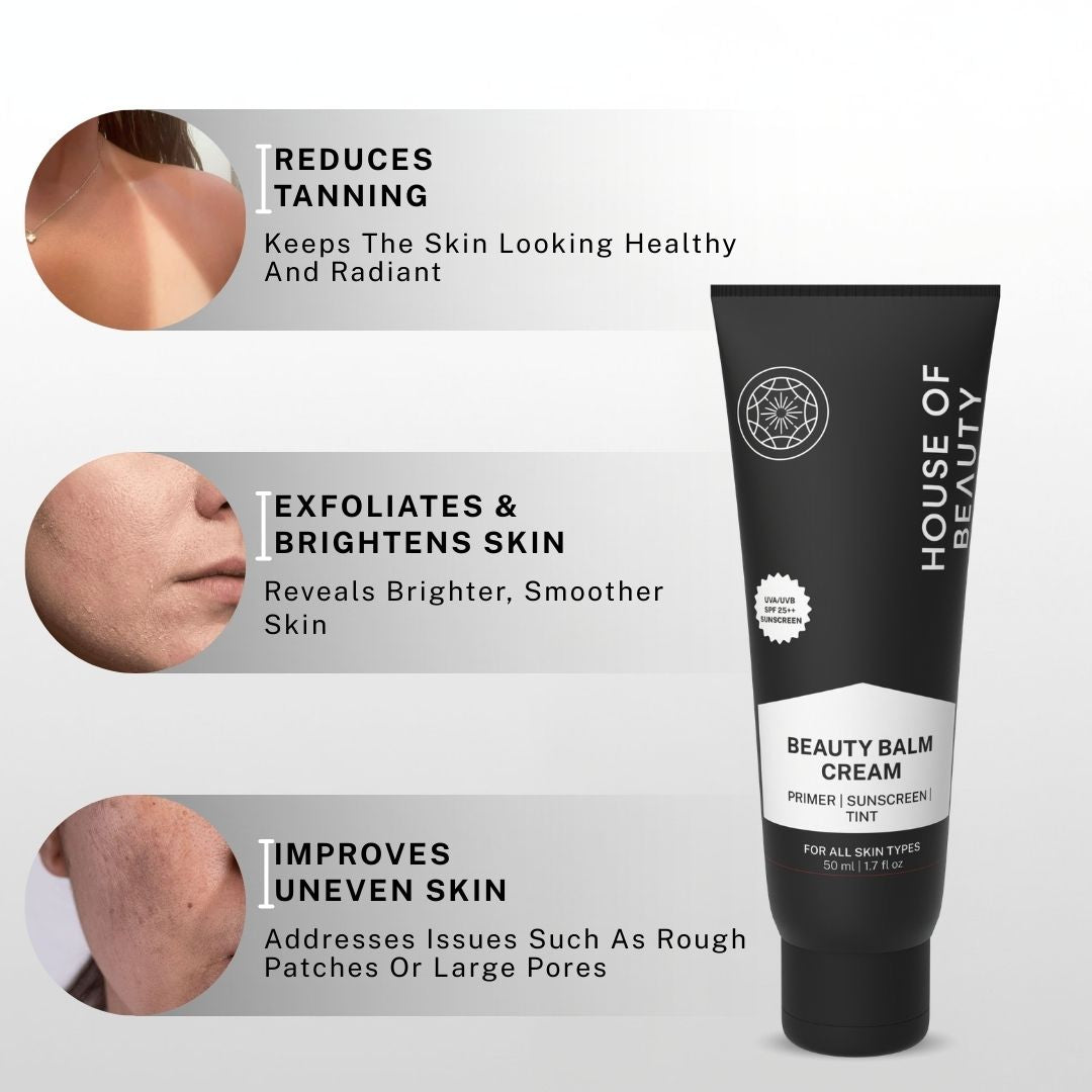 Beauty Balm Cream benefits showing reduced tanning, exfoliated and brighter skin, and improved uneven skin texture.
