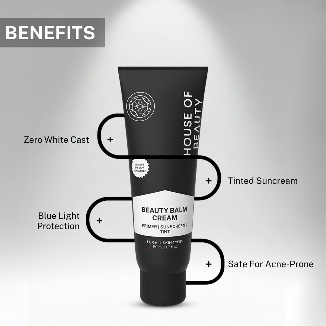 House of Beauty Beauty Balm Cream highlighting zero white cast, tinted sunscreen, blue light protection and safe for acne-prone skin.