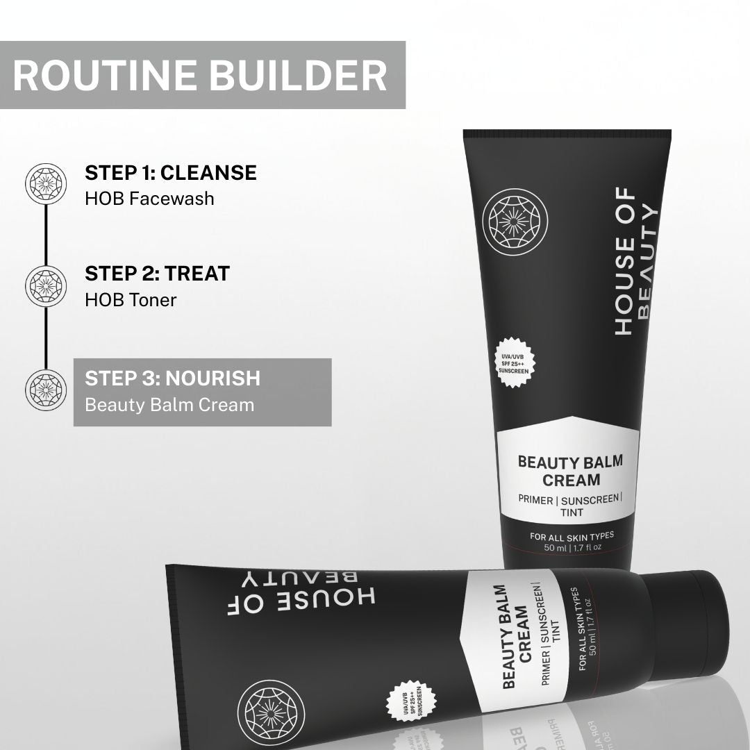 House of Beauty Beauty Balm Cream shown as step 3 in skincare routine after cleanser and toner, primer sunscreen tint for daily use.