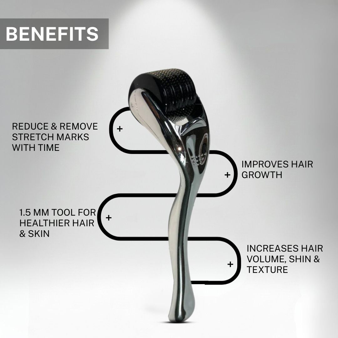 Infographic highlighting the benefits of the 1.5mm derma roller including reducing stretch marks, improving hair growth, enhancing hair texture, and supporting healthier skin and scalp.