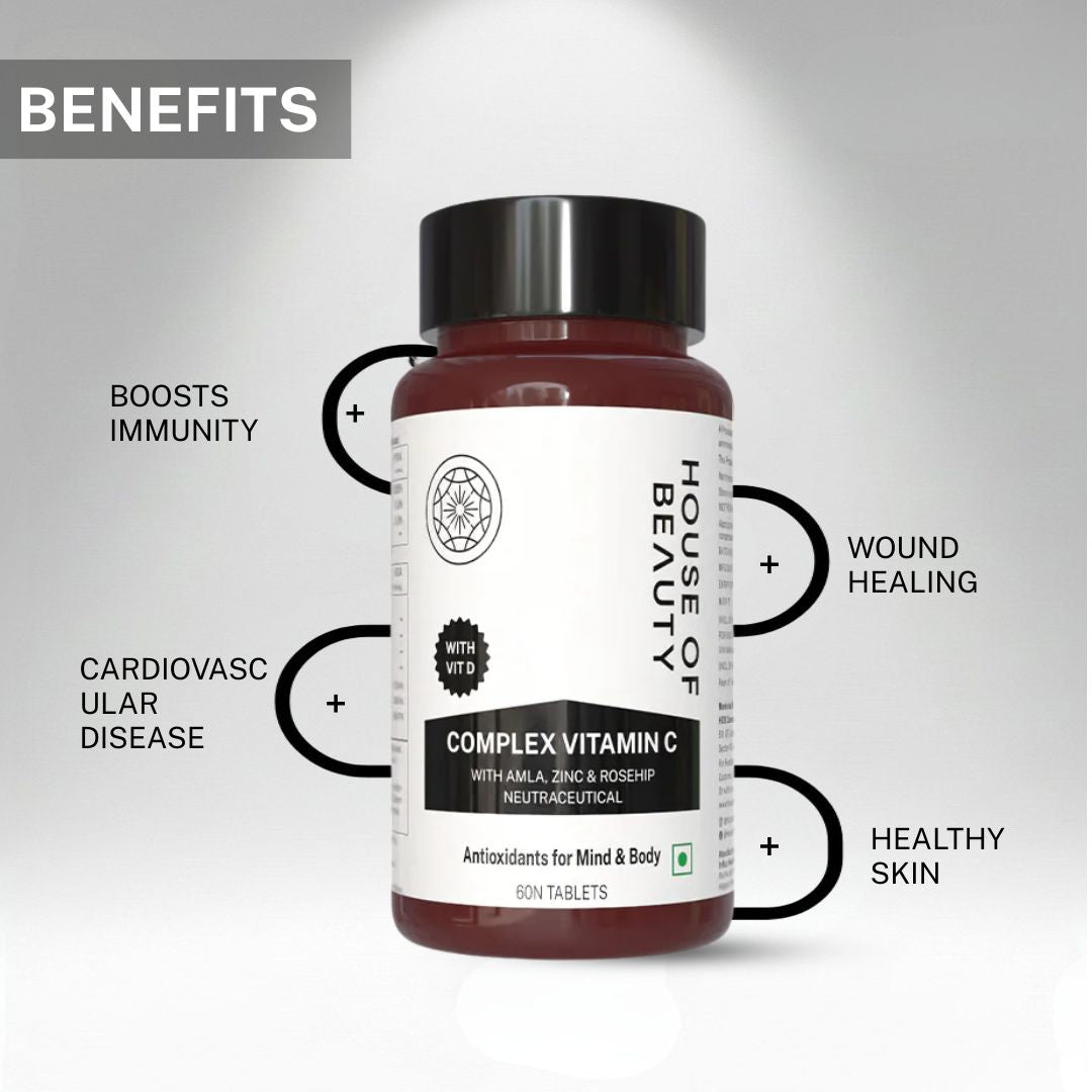 Infographic showing benefits of House of Beauty Complex Vitamin C tablets including immunity boost, wound healing, healthy skin, and cardiovascular support.