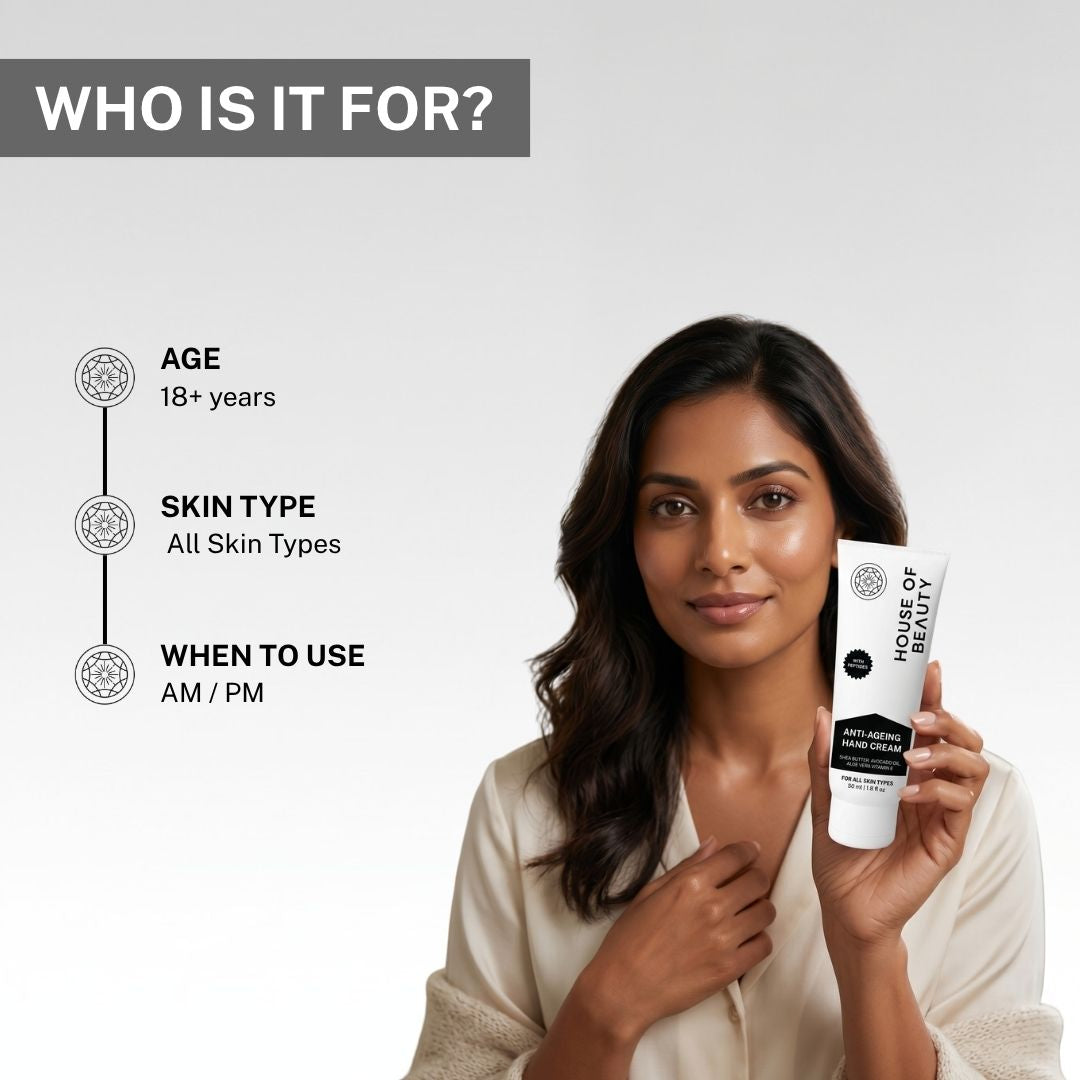 Woman holding House of Beauty Anti-Ageing Hand Cream suitable for all skin types and daily AM/PM use.