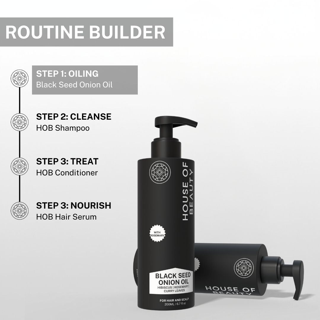 Hair care routine guide showing Black Seed Onion Oil as step 1 before shampoo, conditioner and hair serum.