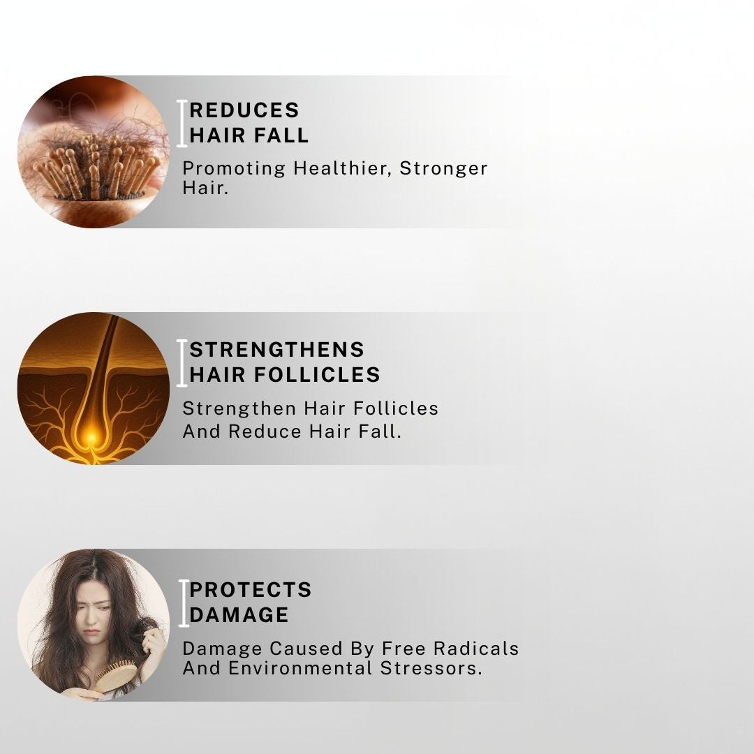 Black Seed Onion Hair Oil benefits showing reduced hair fall, strengthened hair follicles and protection from environmental damage.