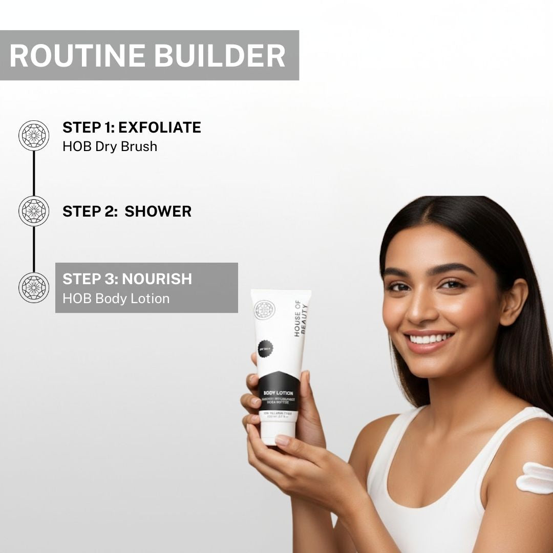 body care routine with dry brushing, shower and applying House of Beauty body lotion for nourished healthy skin