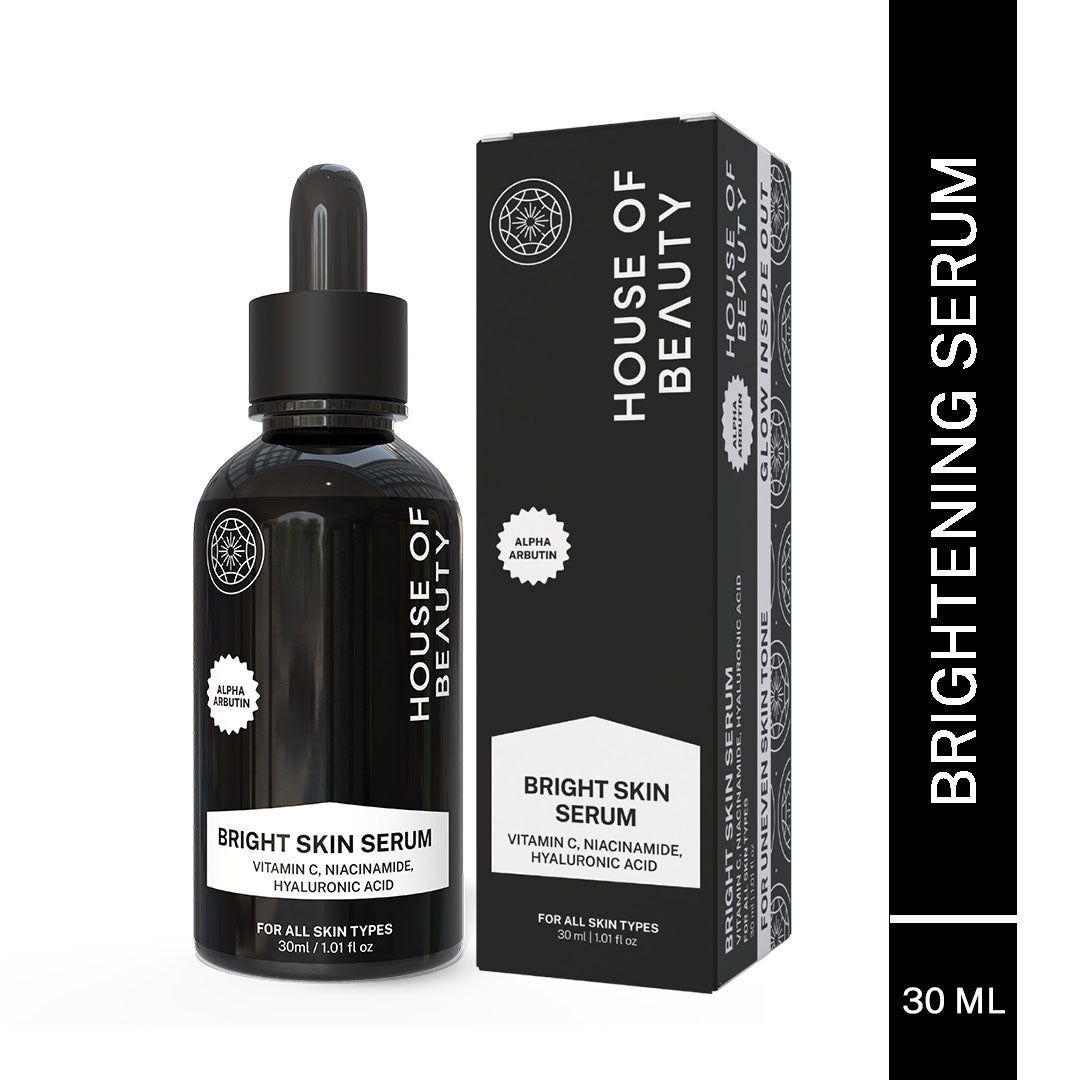 Product photo of the House of Beauty Bright Skin Serum dropper bottle and its box, labeled 30 ML. Prominently features the key ingredients: Vitamin C, Niacinamide, and Hyaluronic Acid.