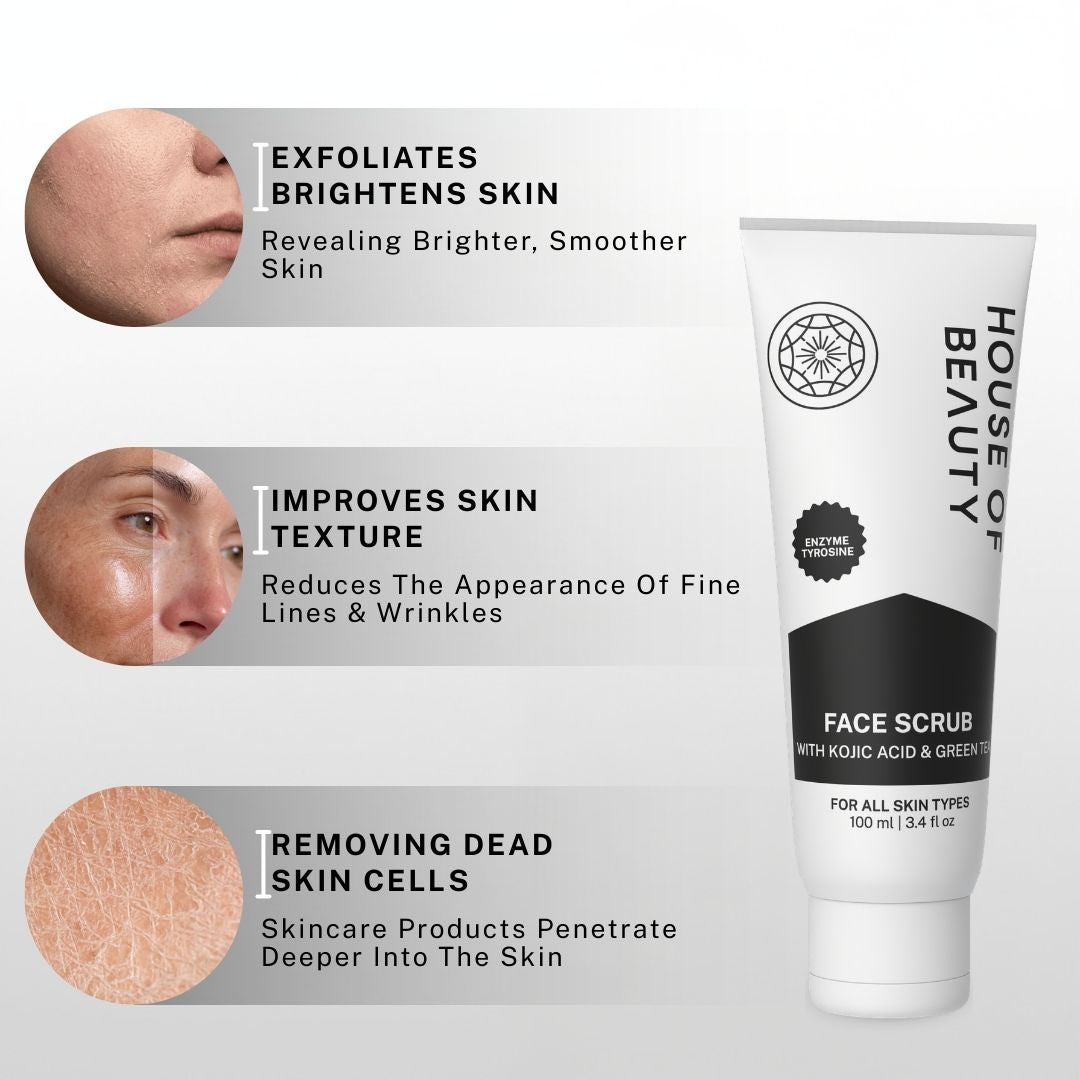 Before and after skin texture improvement using exfoliating face scrub that removes dead skin cells and reduces fine lines