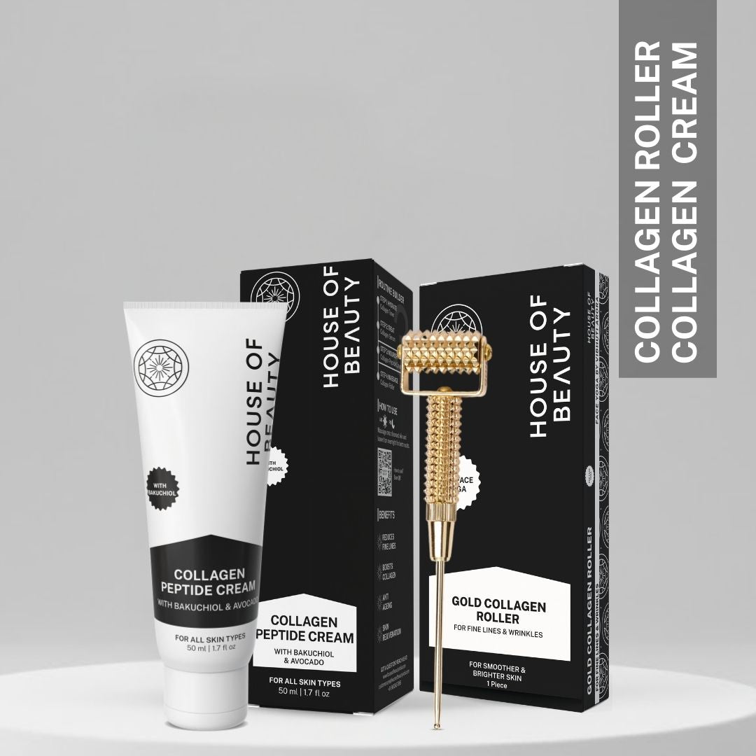 House of Beauty Gold Collagen Roller with Collagen Peptide Cream displayed in premium black packaging on a neutral background.