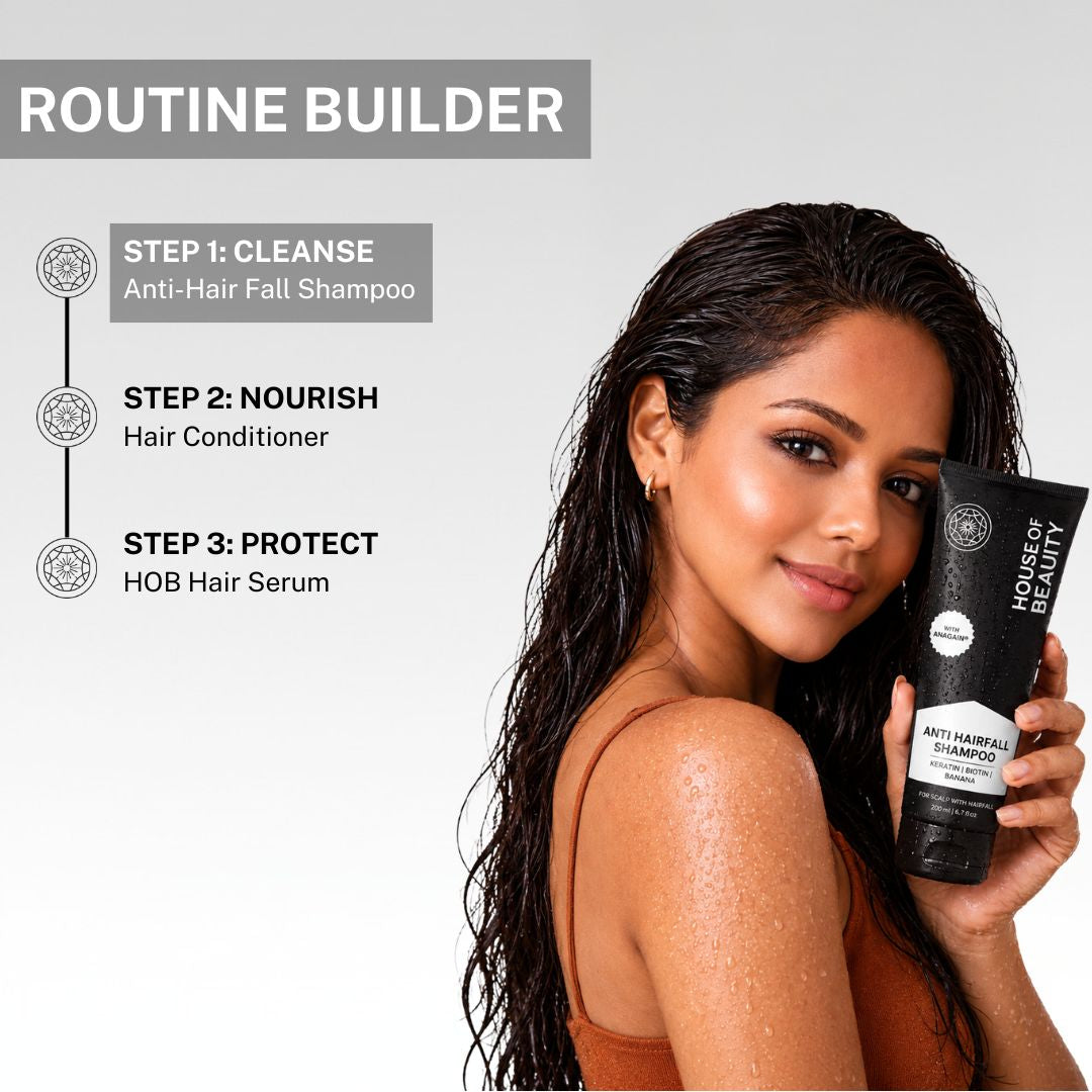 Beauty model holding House of Beauty Anti Hairfall Shampoo alongside a 3-step haircare routine including cleanse, nourish, and protect steps.