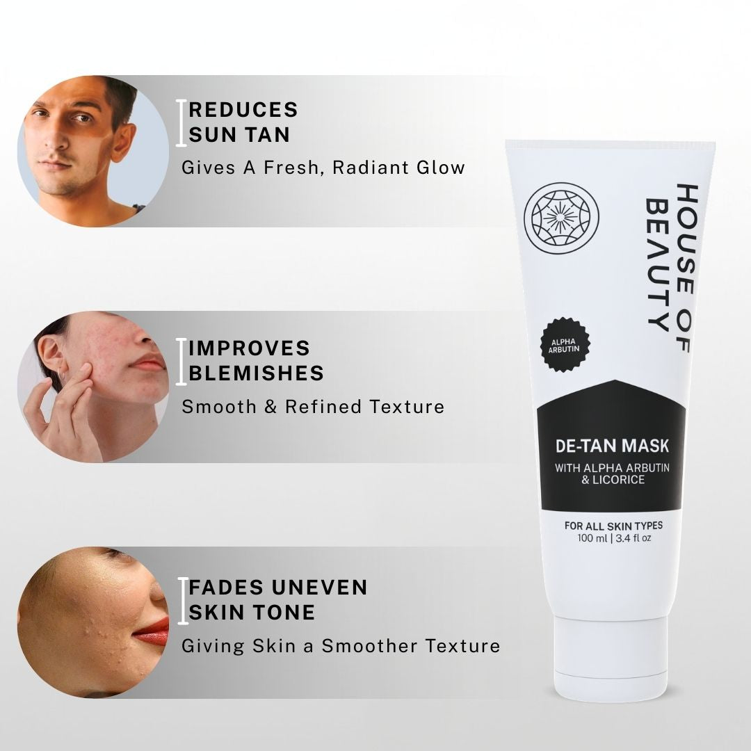 De-Tan Face Mask benefits including reducing sun tan, improving blemishes, evening skin tone, and refining skin texture.