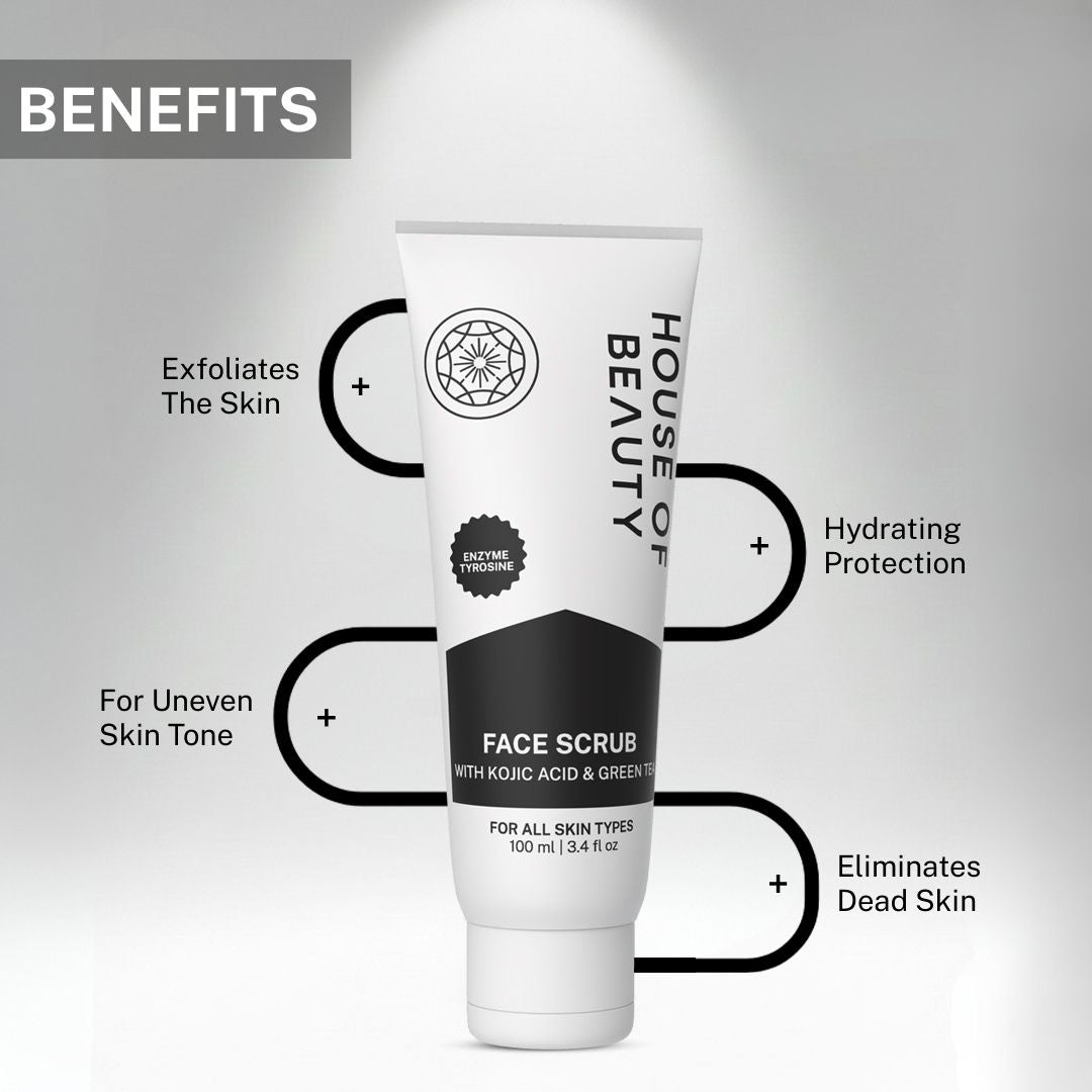 Face scrub benefits showing exfoliation, hydration, dead skin removal and improvement of uneven skin tone using kojic acid face scrub