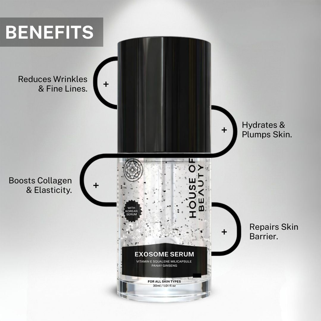 House of Beauty exosome serum benefits showing reduced wrinkles, boosted collagen, improved hydration and strengthened skin barrier.