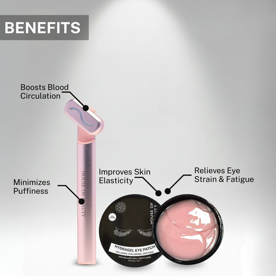 LED eye massager and hydrogel eye patches benefits including improved blood circulation reduced puffiness enhanced elasticity and eye fatigue relief
