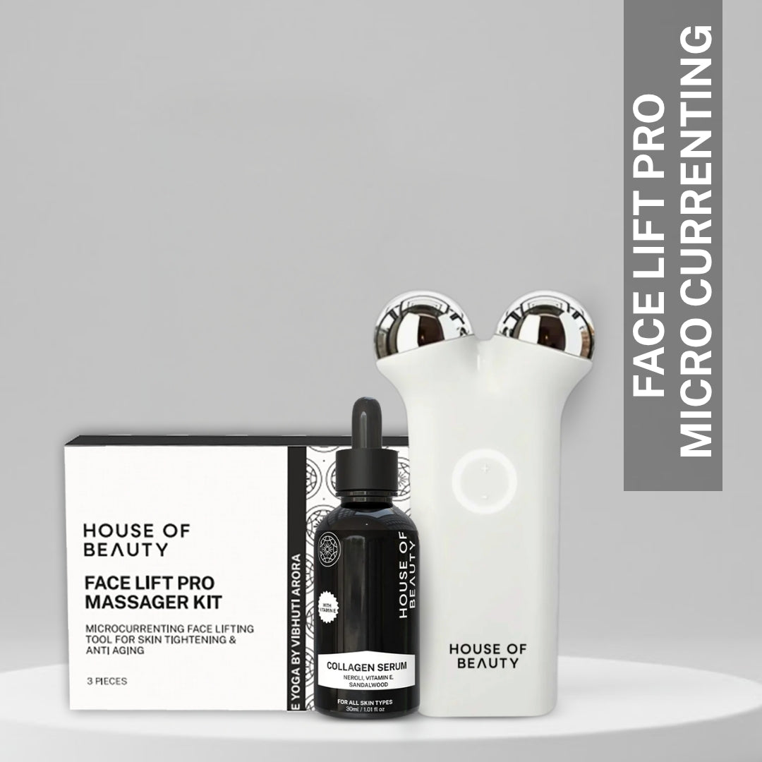 House of Beauty Face Lift Pro massage kit with serum and massager on a gray background