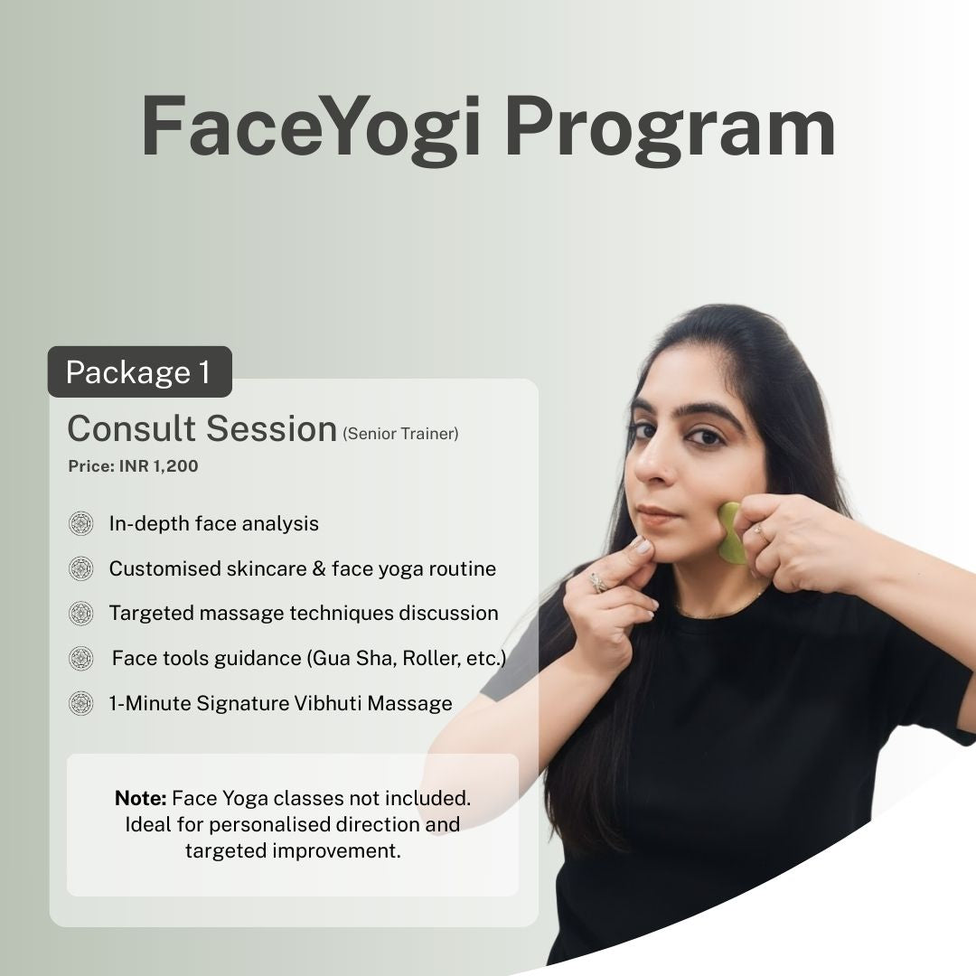 aceYogi Program Package 1 details showing a woman using a gua sha tool on her face. Includes in-depth face analysis, customised skincare and face yoga routine, targeted massage discussion, face tools guidance, and a 1-minute signature massage session. Price listed as INR 1,200.