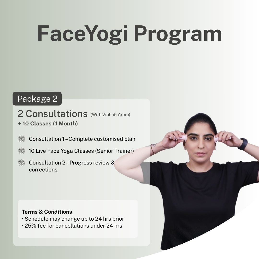 FaceYogi Program Package 2 showing a woman performing facial massage techniques. Includes two consultations with Vibhuti Arora and 10 live face yoga classes over one month, plus progress review and corrections. Terms and conditions mentioned.