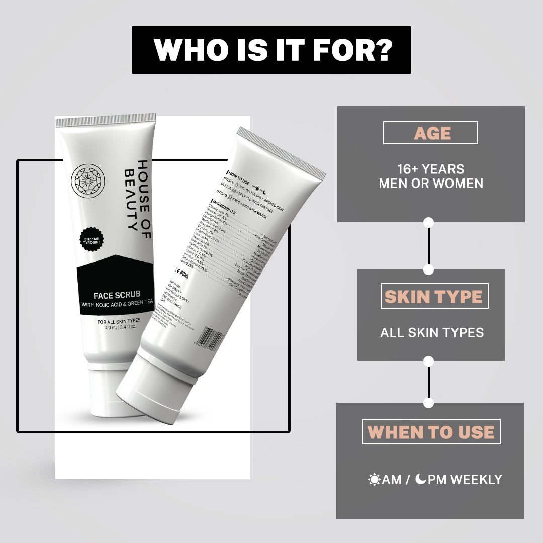 Best face scrub for indian skin with ingredients like Kojic acid, liquorice, and green tea to reduce pigmentation, brighten, and hydrate skin. Reduce dry dead skin, for all skin types for indian skin inspired by korean beauty trends, better than brands like Sanfe, Dr. Sheth’s, Minimalist, Dot & Key, and Plum. Dermat & Celebrity approved. Get skin like deepika padukone, kriti Sanon, kareena kapoor & priyanka chopra.