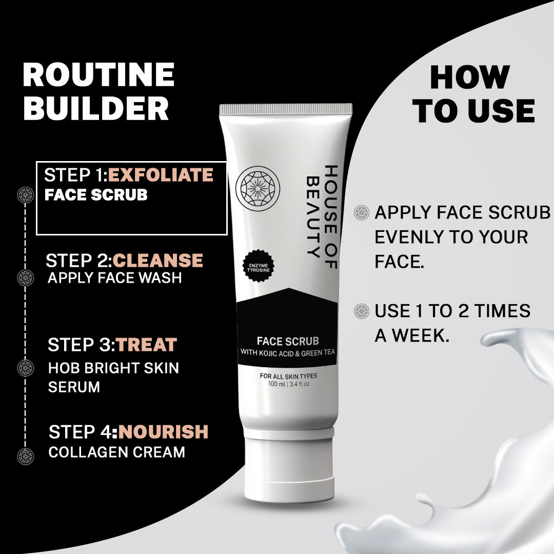 Best face scrub for indian skin with ingredients like Kojic acid, liquorice, and green tea to reduce pigmentation, brighten, and hydrate skin. Reduce dry dead skin, for all skin types for indian skin inspired by korean beauty trends, better than brands like Sanfe, Dr. Sheth’s, Minimalist, Dot & Key, and Plum. Dermat & Celebrity approved. Get skin like deepika padukone, kriti Sanon, kareena kapoor & priyanka chopra.
