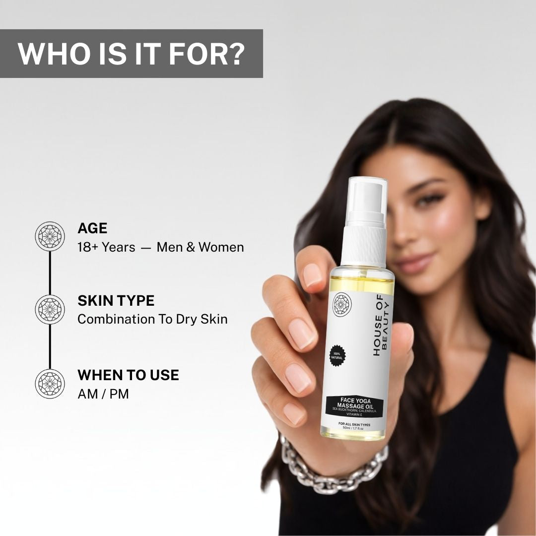 Woman holding House of Beauty Face Yoga Massage Oil suitable for men and women aged 18+ with combination to dry skin for AM and PM use.