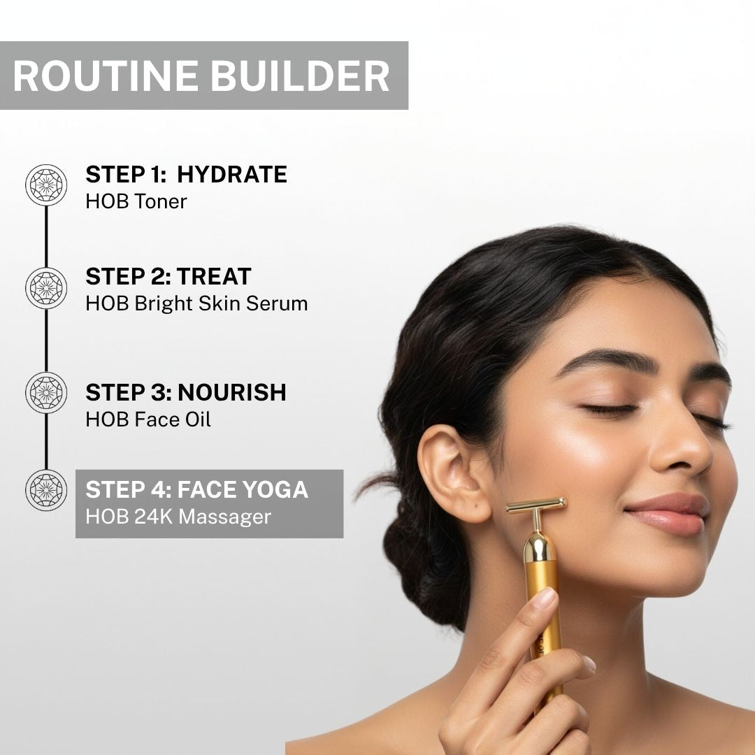face yoga routine using 24k gold massager with toner serum and oil for glowing lifted skin