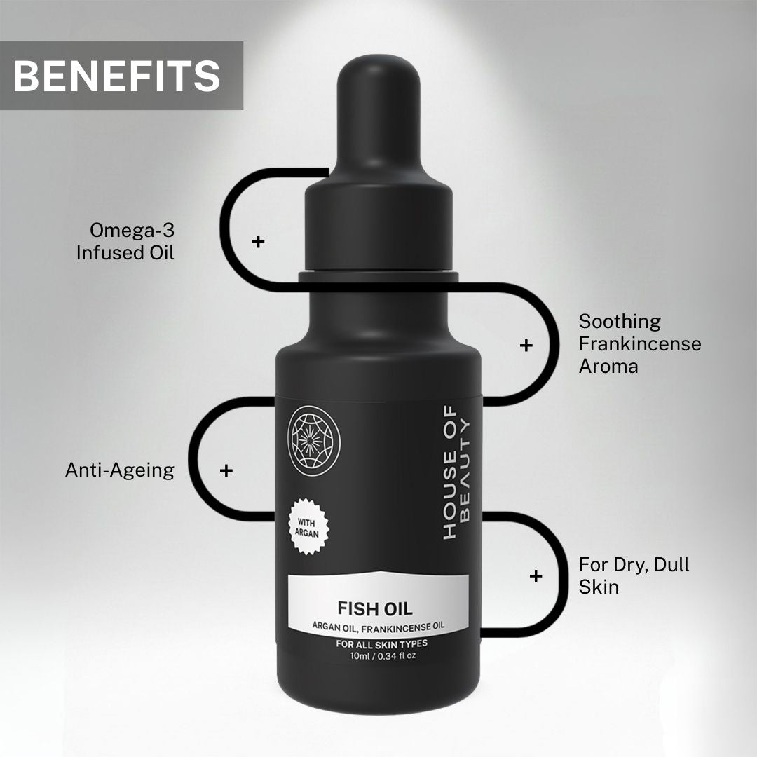 House of Beauty fish oil face serum benefits showing omega-3 nourishment, soothing frankincense aroma, anti-aging support and hydration for dry dull skin.