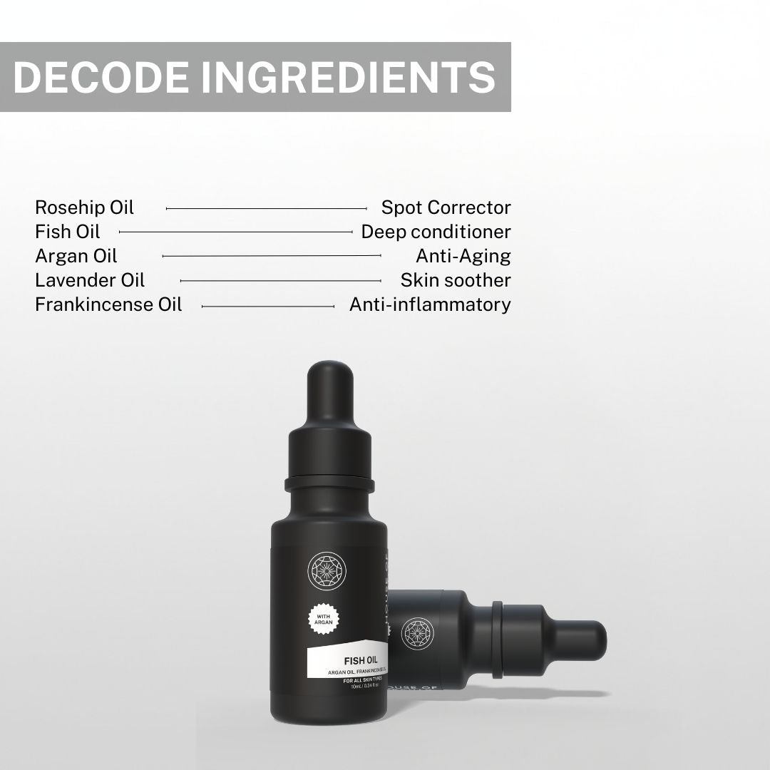 Ingredients of House of Beauty fish oil serum including rosehip oil, fish oil, argan oil, lavender oil and frankincense for skin repair and nourishment.