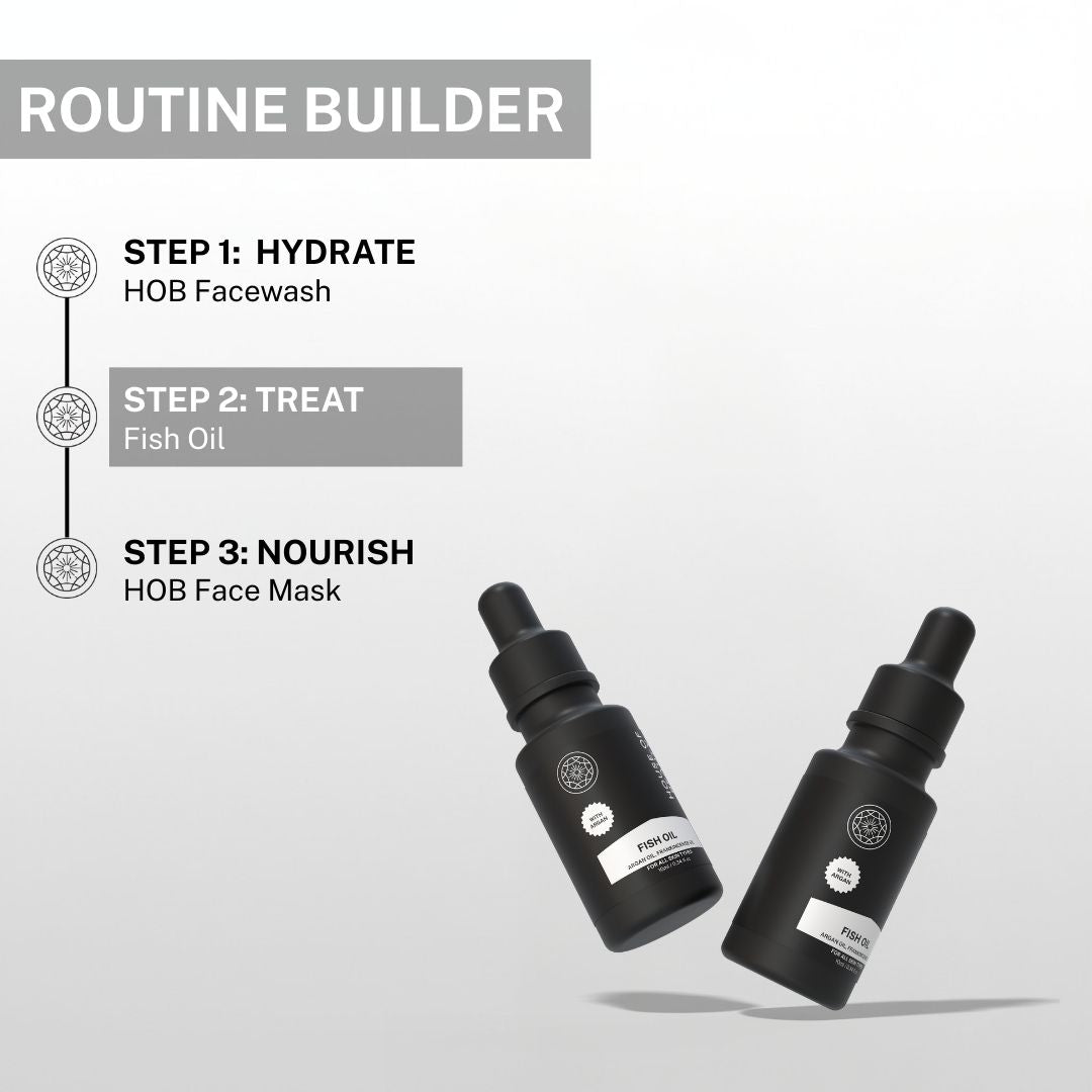 Daily skincare routine using House of Beauty fish oil after facewash and before face mask for deep skin nourishment and hydration.