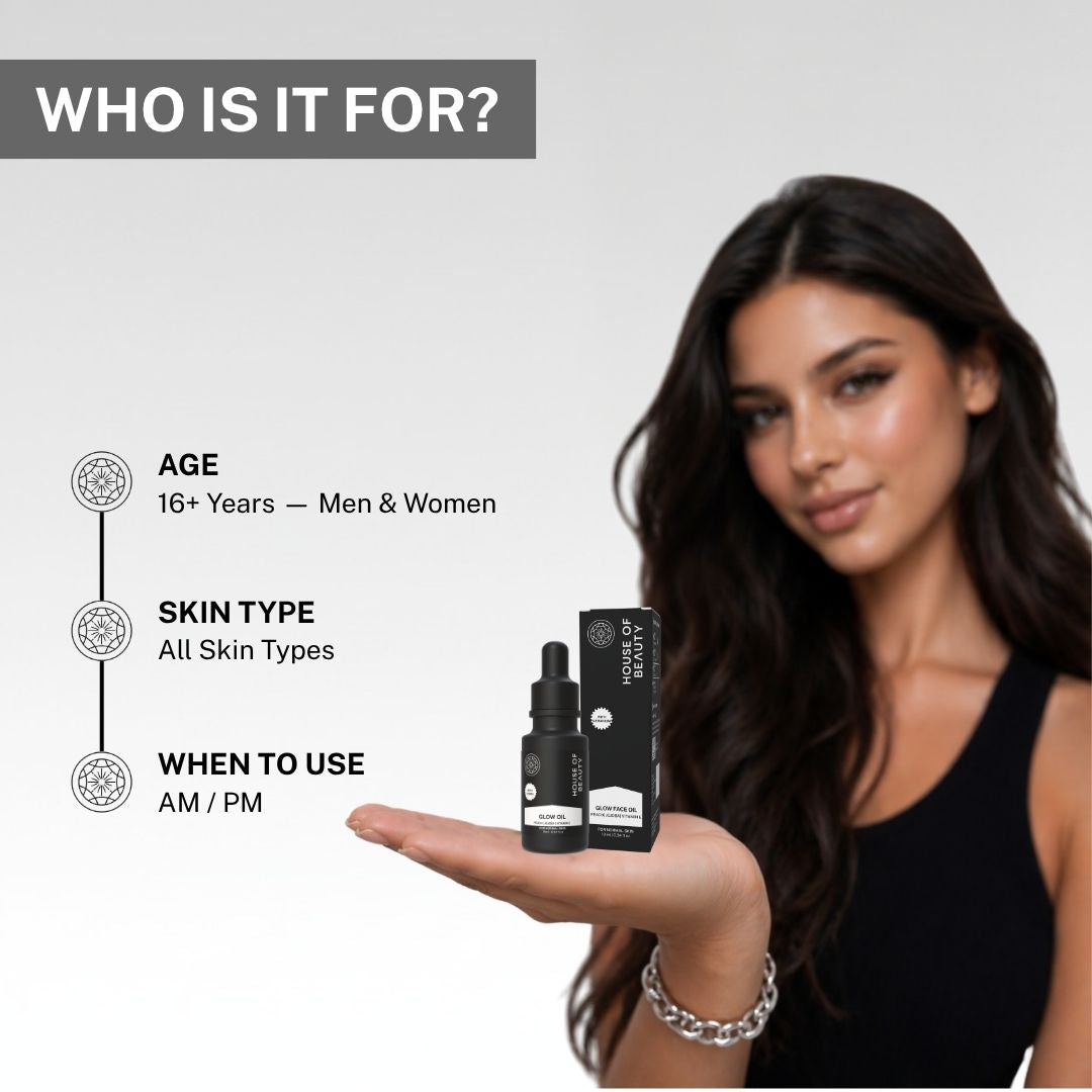 Woman holding House of Beauty Glow Face Oil showing product is suitable for age 16+ men and women, all skin types, for AM and PM use daily