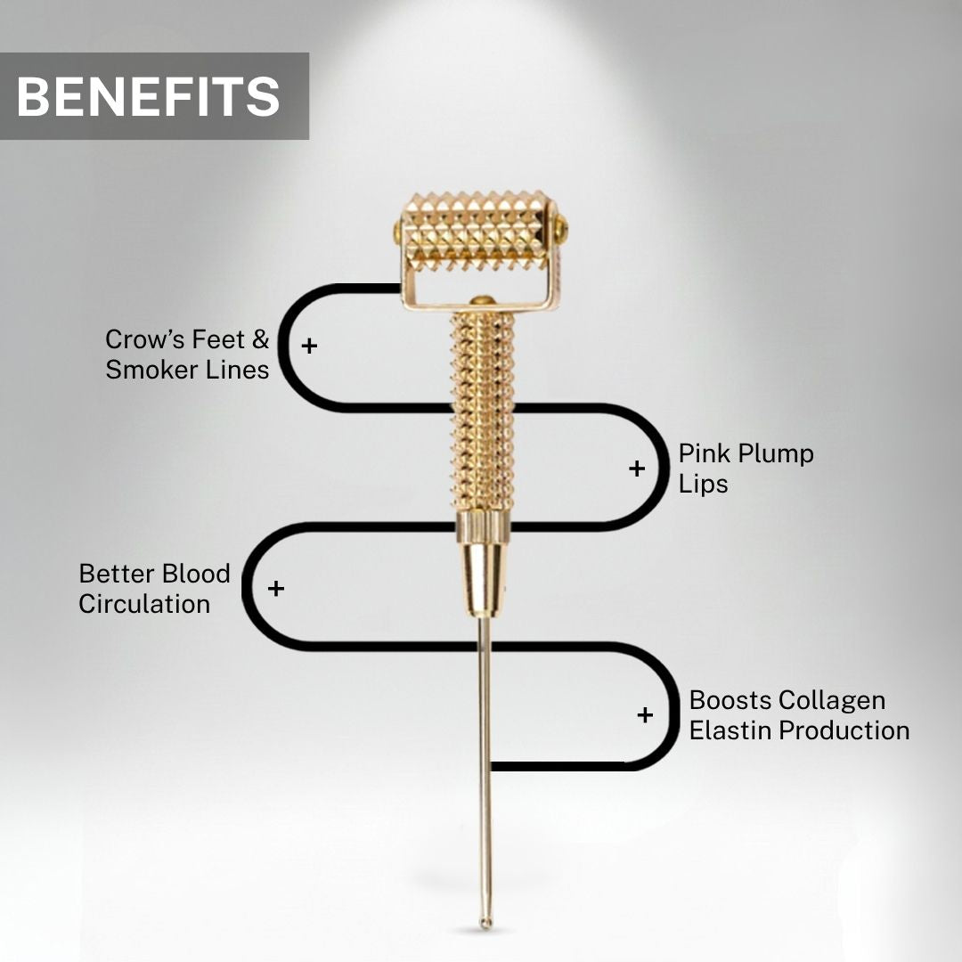 Infographic showing House of Beauty Gold Collagen Roller benefits – reduces crow's feet and smoker lines, gives pink plump lips, improves blood circulation and boosts collagen elastin production