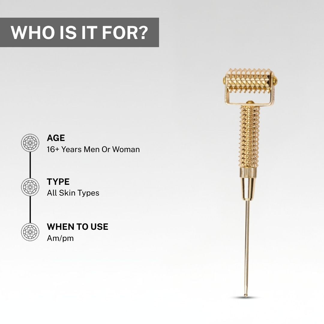 House of Beauty Gold Collagen Roller showing product is suitable for age 16+ men and women, all skin types, for AM and PM use daily