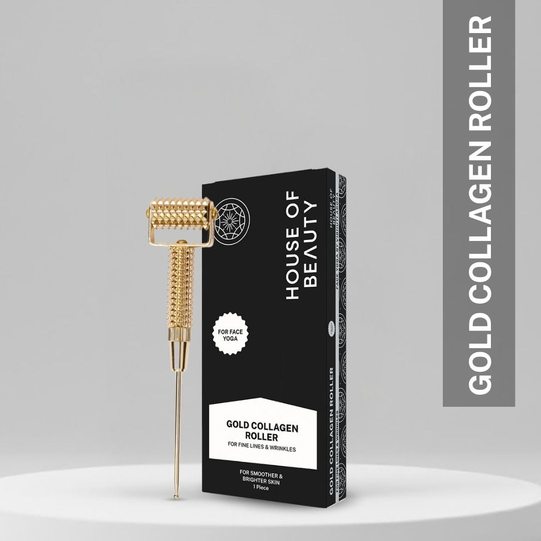 House of Beauty Gold Collagen Roller 1 piece with black packaging box for fine lines wrinkles smoother and brighter skin face yoga tool