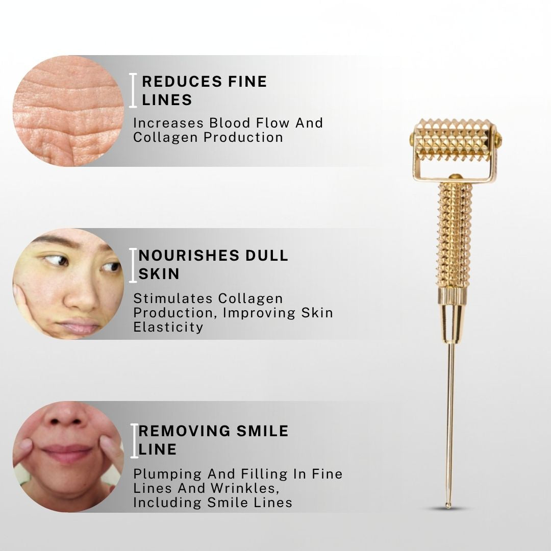 House of Beauty Gold Collagen Roller benefits showing reduction of fine lines by increasing blood flow and collagen production, nourishing dull skin by stimulating elasticity, and removing smile lines by plumping and filling wrinkles