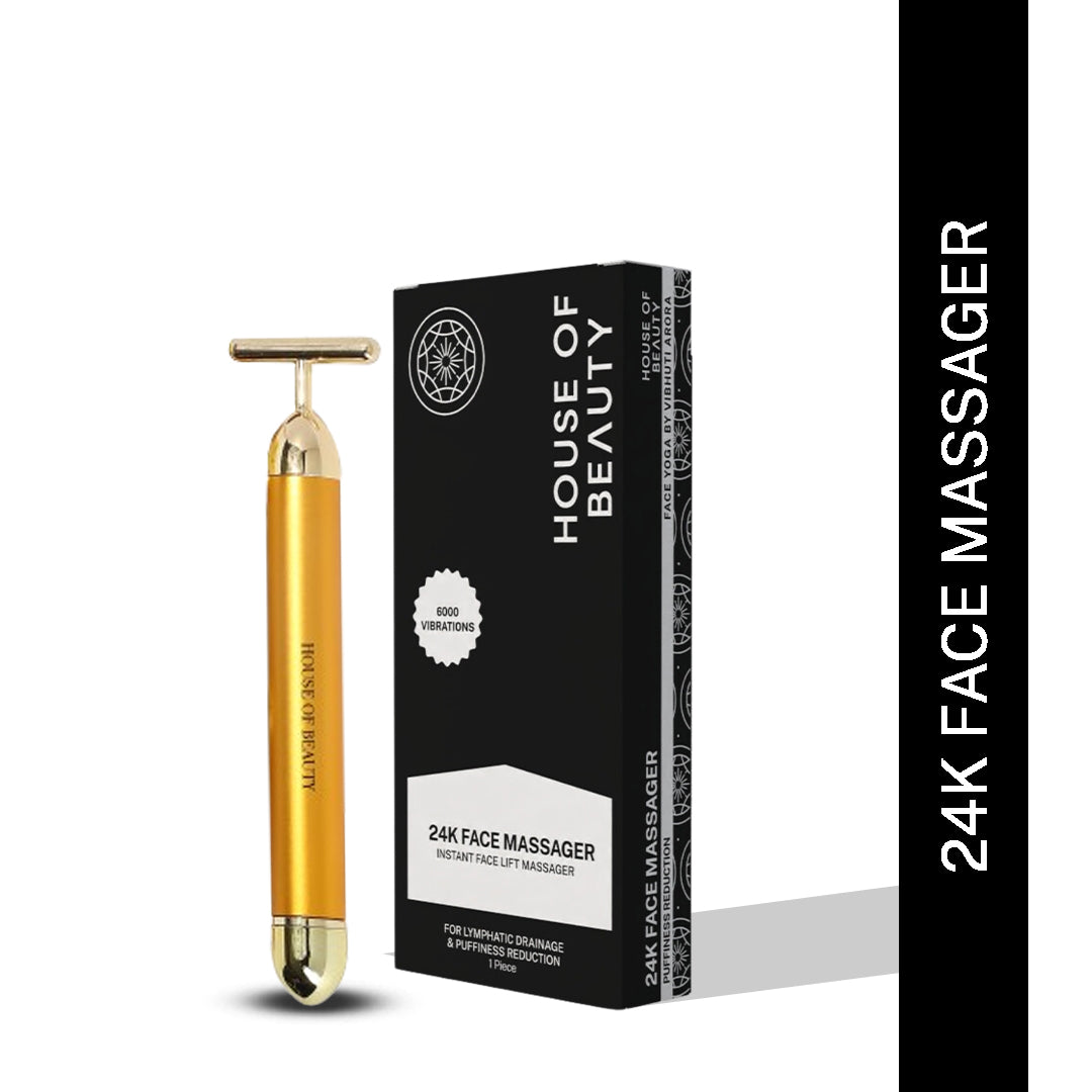 House of Beauty India as you seen on Shark Tank India Face Tools 24K Face Massager (1 Piece), Before and after comparison showing reduced fine lines and improved skin radiance using the HOB 24K Face Massager.