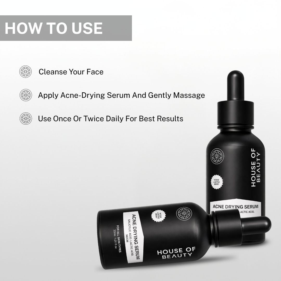 House of Beauty Acne Drying Serum usage guide – cleanse face, apply serum and massage gently, use once or twice daily for best results