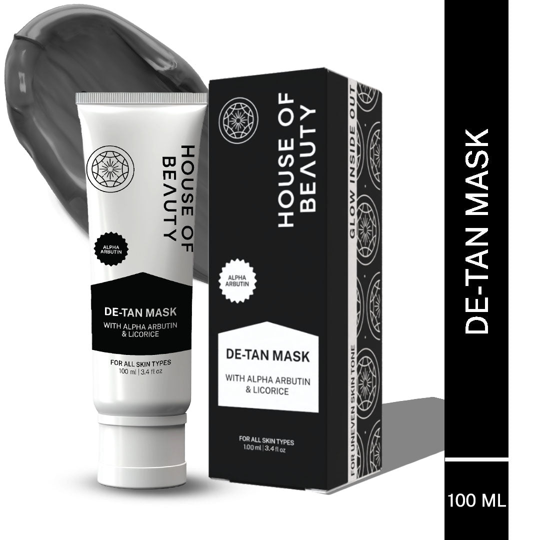 Tanned skin removal at home with House of beauty detan mask with skin whitening ingredients like alpha arbutin, to help correct uneven skin. Home treatment mask for acne, blemish and skin detox. Best before face yoga massage, better than Mamaearth Ubtan Face Mask, Minimalist Alpha Arbutin Mask, Dot & Key Clay Mask, and Plum Green Tea Mask. Featuring trending search terms like "best de-tan face mask in India," "skin lightening masks for summer," and "anti-acne clay mask with alpha arbutin, for bright glow