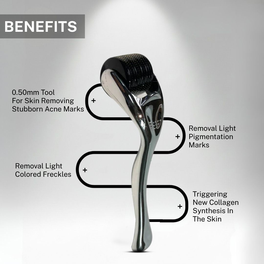 Infographic showing House of Beauty Derma Roller 0.5mm benefits – removes stubborn acne marks, removes light pigmentation marks, removes light colored freckles and triggers new collagen synthesis in the skin